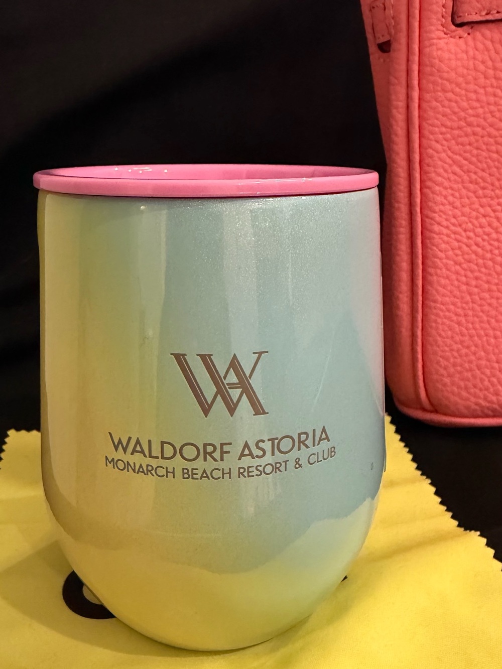 Corkcicle Iridescent Light Blue Stemless Tumbler with Pink Lid